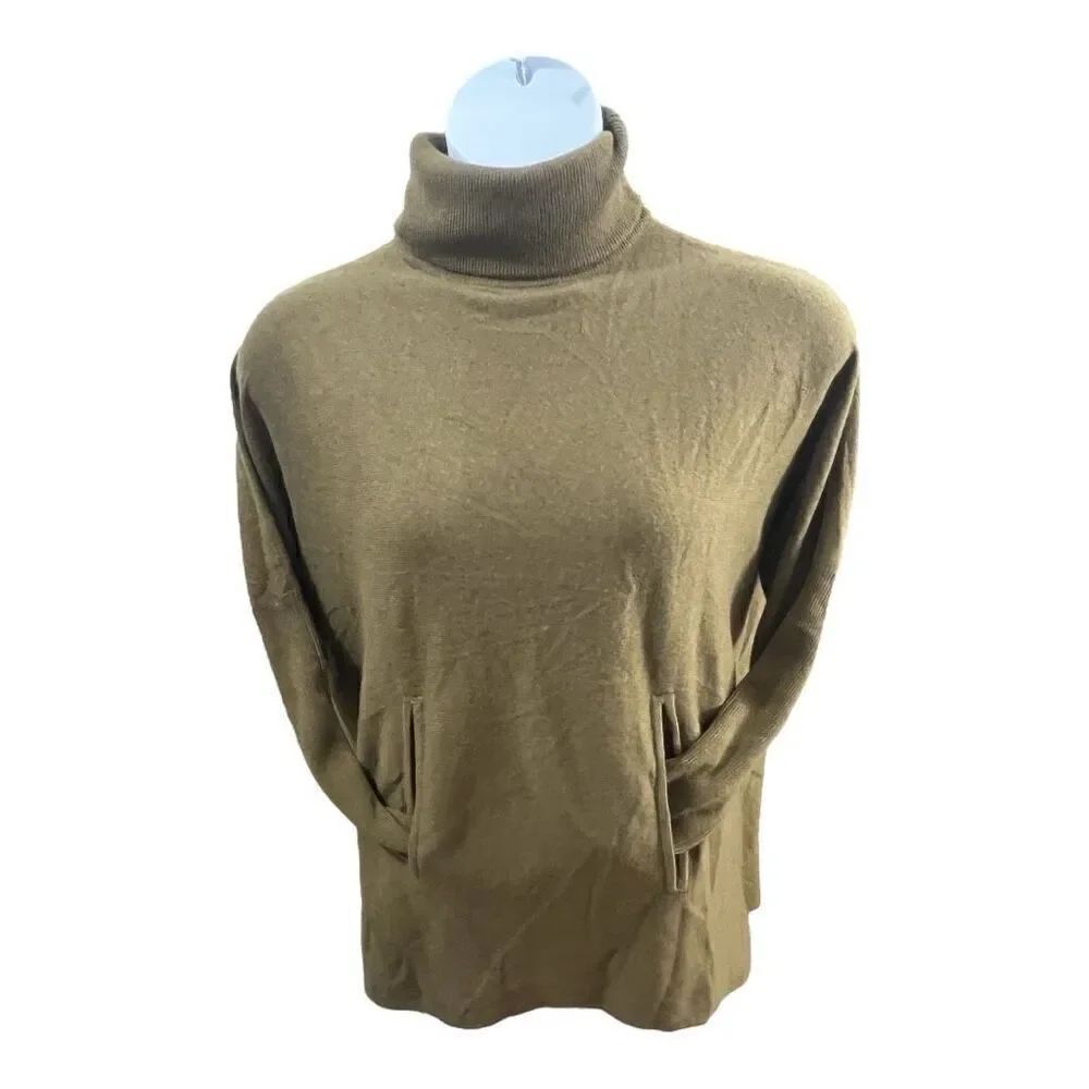 Garnet Hill Cashmere Wool Oversized Turtleneck Sweater Green M Kangaroo Pocket - Picture 3 of 12